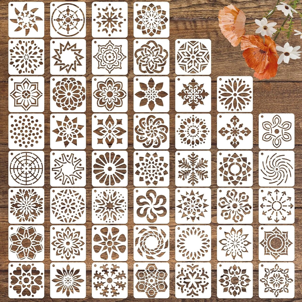 50PCS Mandala Painting Stencils Set – 4x4 Inch Reusable PET Mylar Stencils for DIY Crafts on Wood, Rocks, Canvas, Fabric, Glass & Pottery